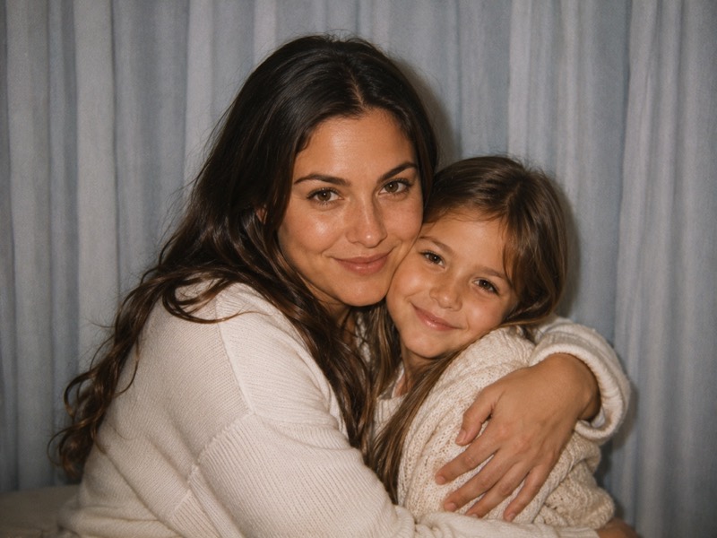 An adult holding their younger self, cheek to cheek.